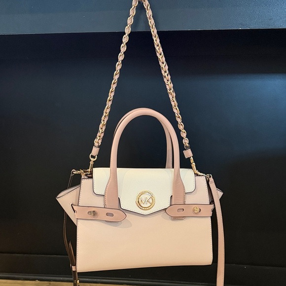 Michael Kors Carmen Medium Color-Block Saffiano Leather Blush Belted Satchel - Picture 3 of 12